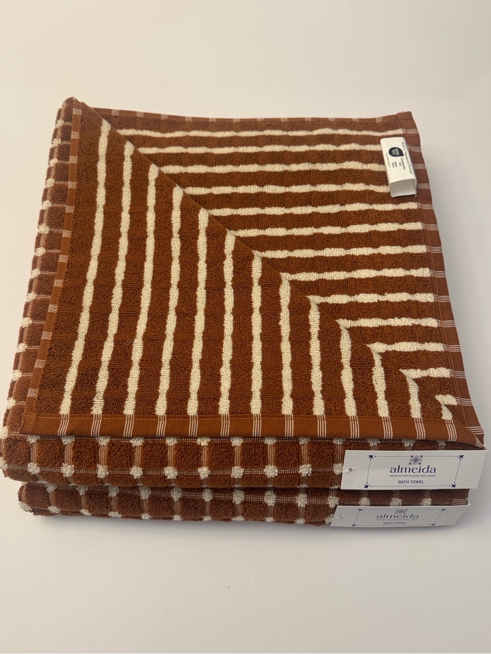 6pc ALMEIDA Premium Portuguese Fine Linens Bath Towel Set - Grid -Rust/Cream - Picture 10 of 12